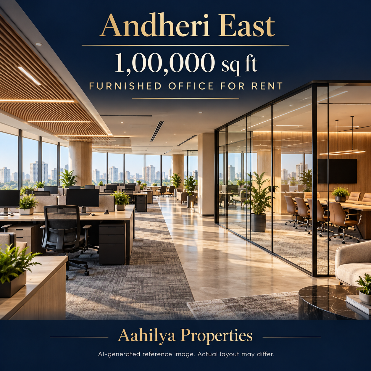 AI reference illustration: 1,00,000 sq ft furnished office for rent in Andheri East