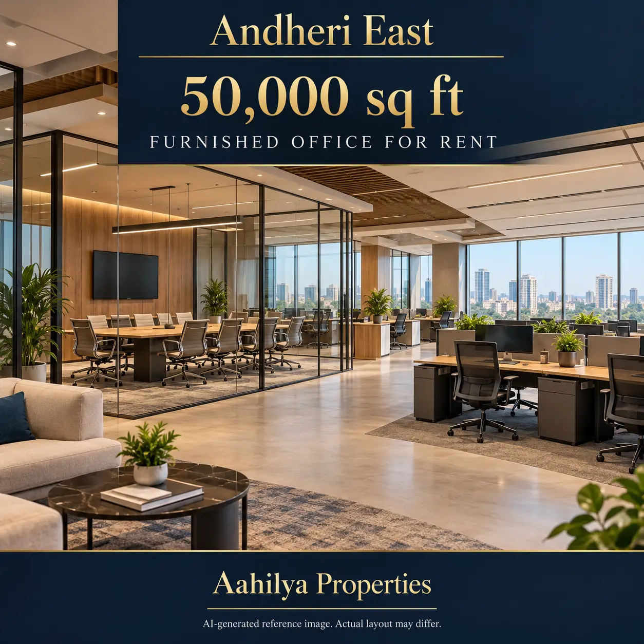 AI reference illustration: 50,000 sq ft furnished office for rent in Andheri East