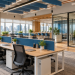 Managed office with blue acoustic panels and glass meeting rooms; reference illustration