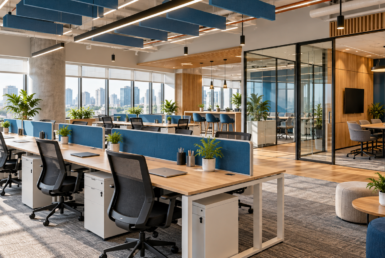 Managed office with blue acoustic panels and glass meeting rooms; reference illustration