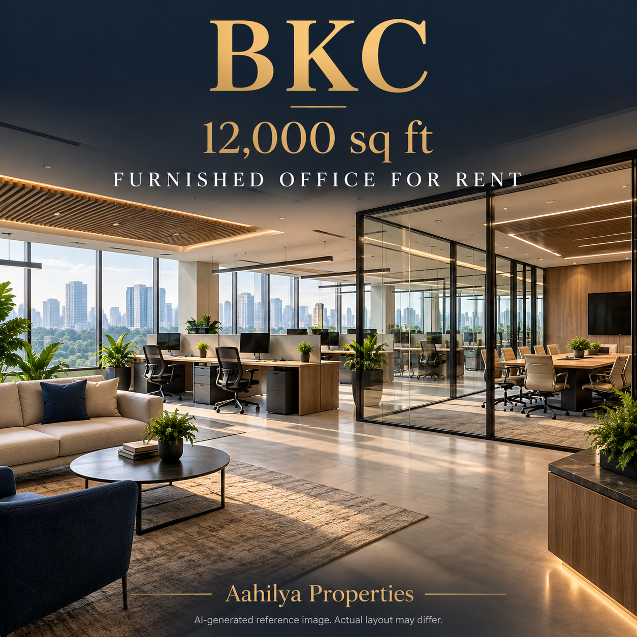 AI reference illustration: 12,000 sq ft furnished office for rent in BKC
