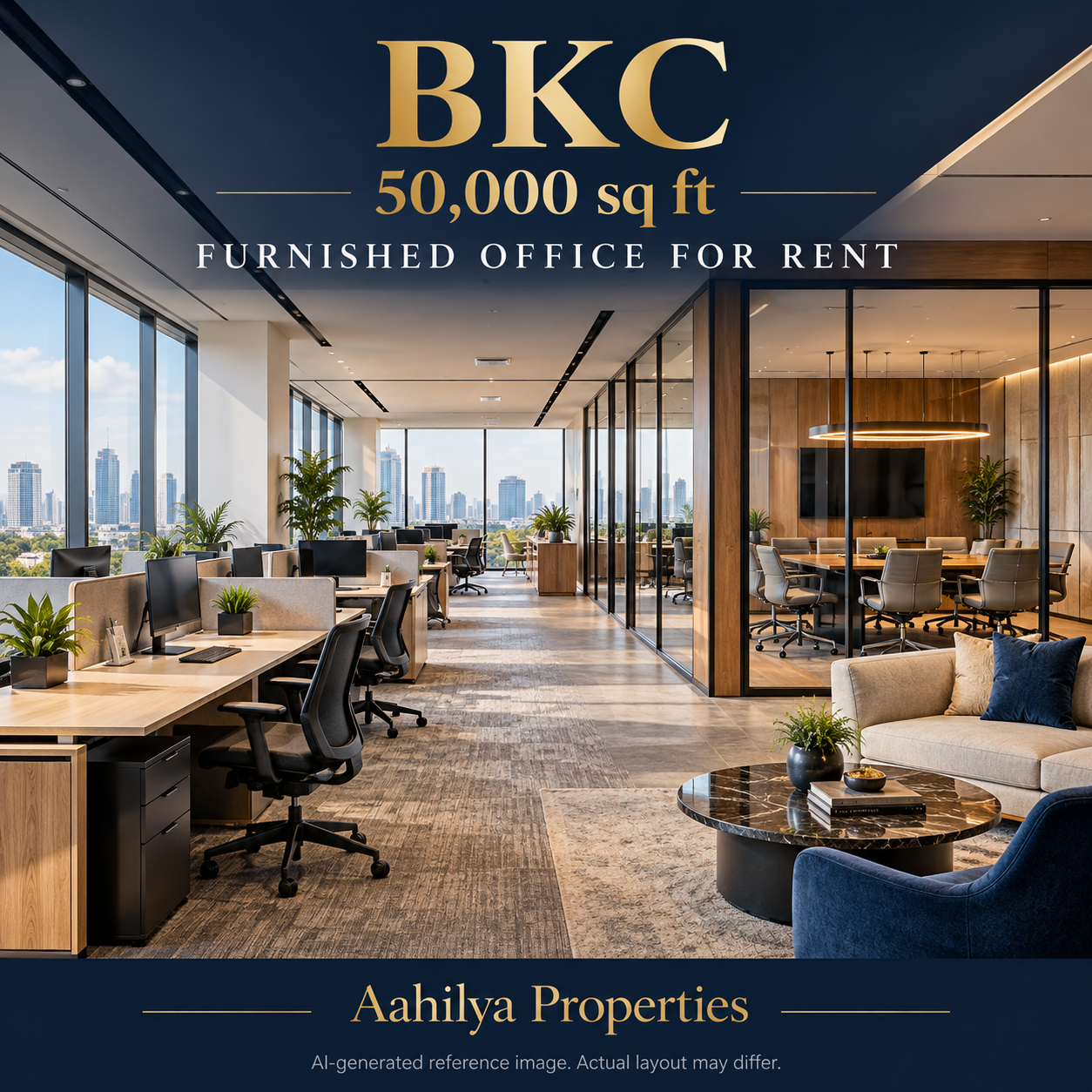 AI reference illustration: 50,000 sq ft furnished office for rent in BKC