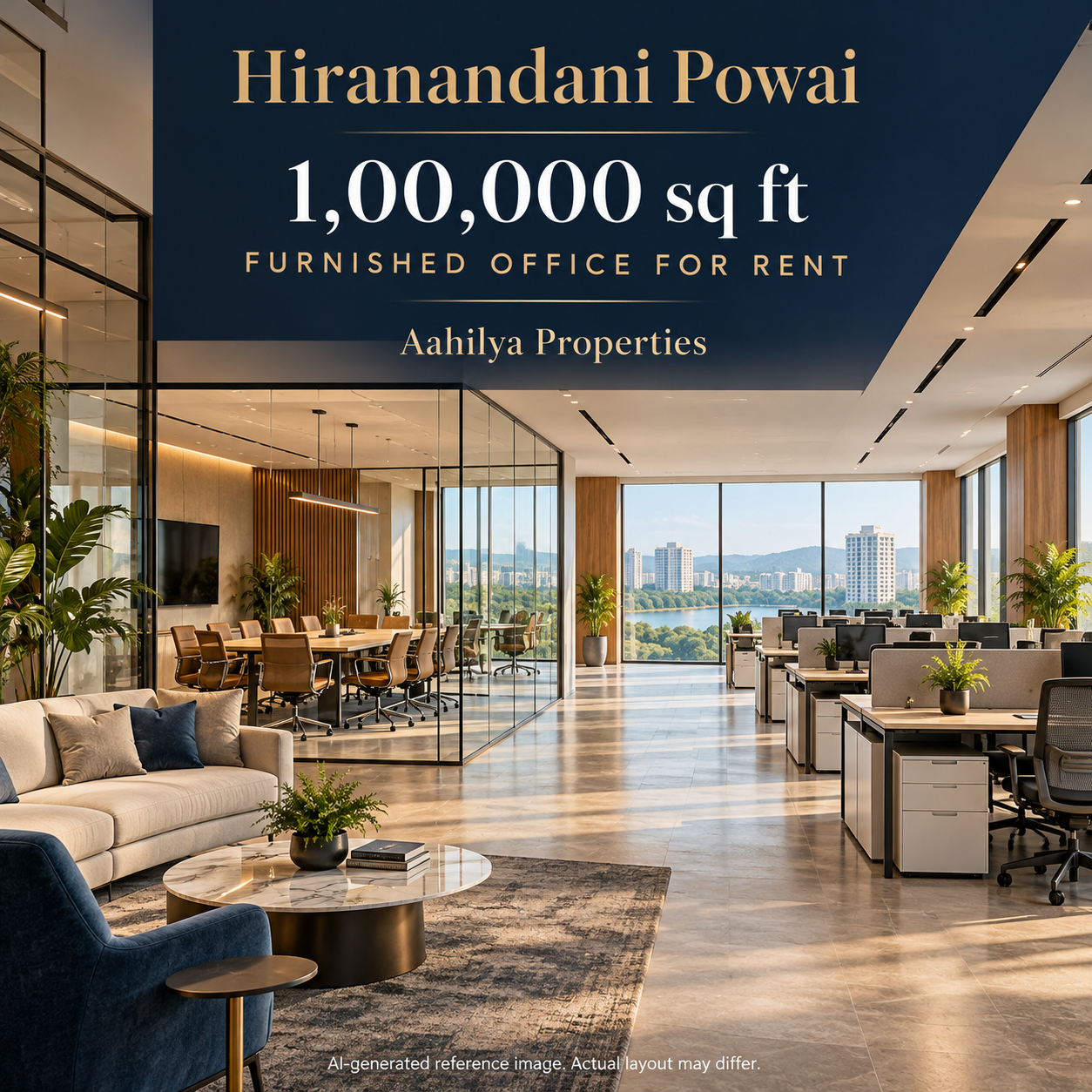 AI reference illustration: 1,00,000 sq ft furnished office for rent in Hiranandani Powai