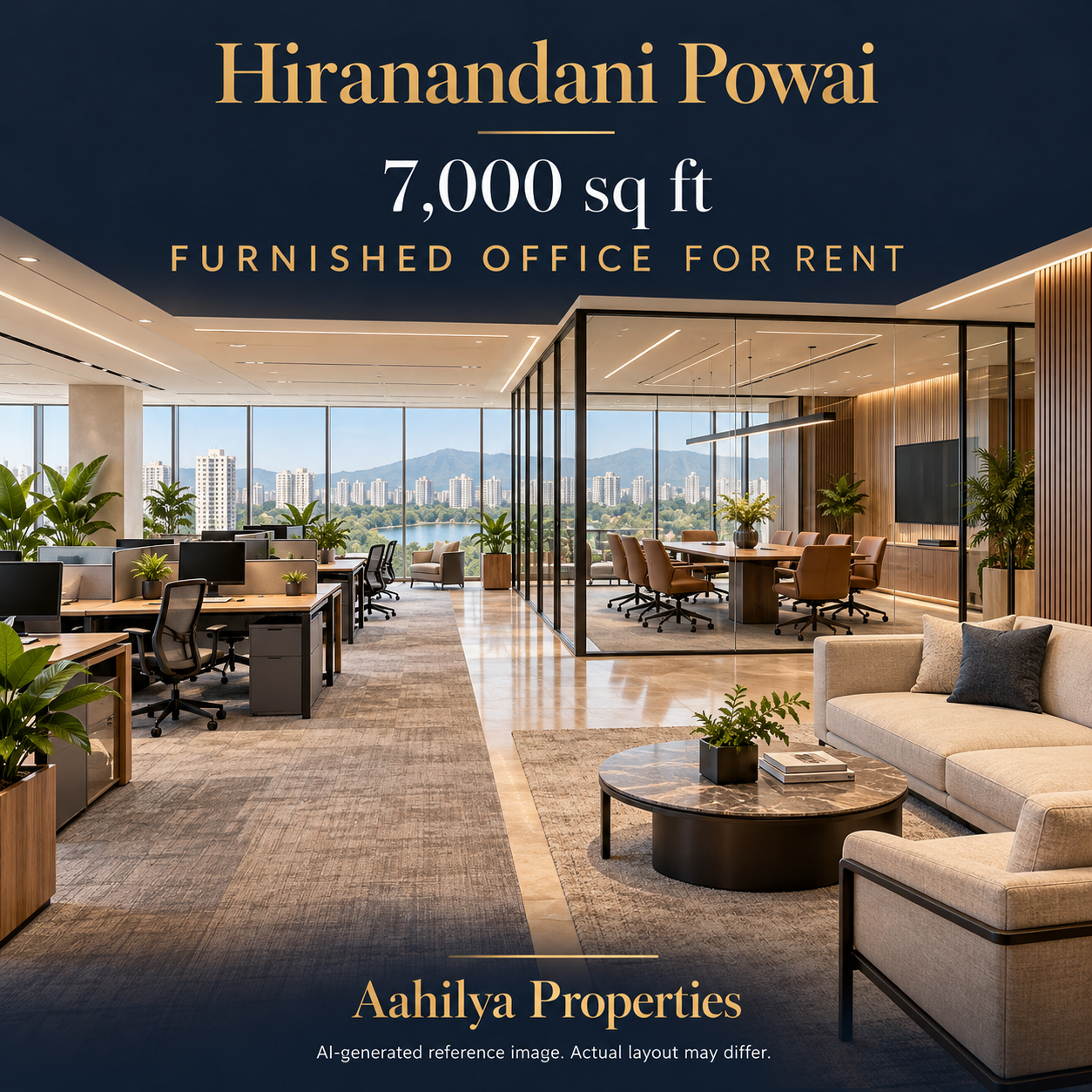 AI reference illustration: 7,000 sq ft furnished office for rent in Hiranandani Powai