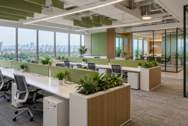 Green-accented IT workspace for JVLR and Vikhroli office planning; reference illustration
