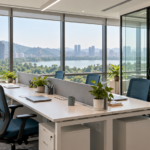 Compact furnished office with lake and greenery views; Powai office planning reference