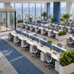Large corporate office floor with rows of workstations and glass meeting rooms; reference illustration