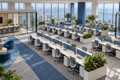 Large corporate office floor with rows of workstations and glass meeting rooms; reference illustration